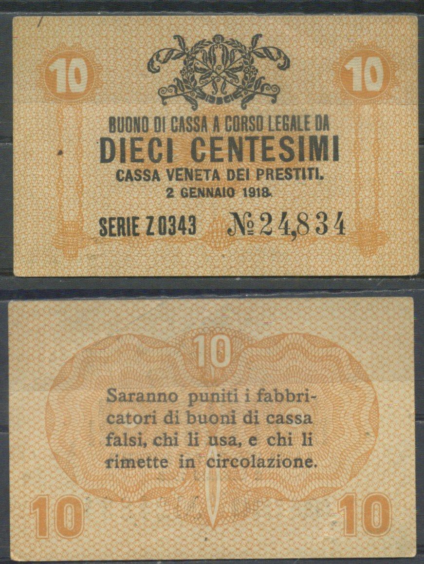 Италия 10 чентезимо 1918 	Венецианский ссудный банк Pick M2 бумага aUNC 7554-9-1-2