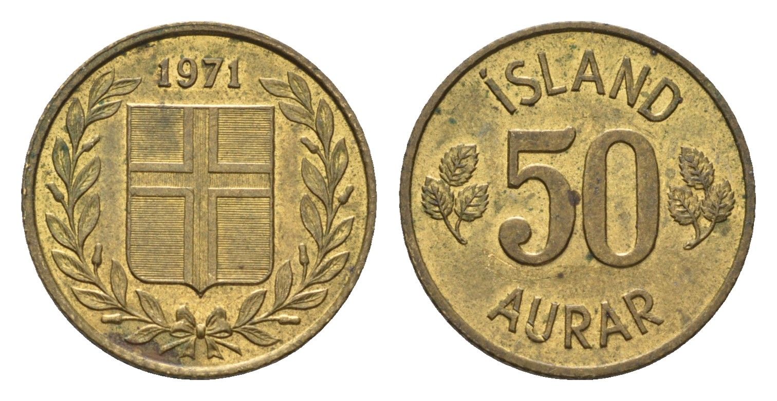 Исландия 50 эйре 1971 KM 17 никель латунь UNC 4696-355
