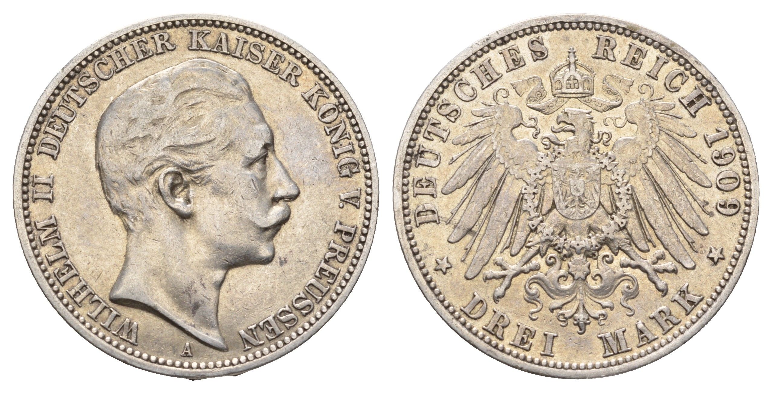 Пруссия 3 марки 1909 A, Вильгельм II (1888-1918) KM 527, J. 103 серебро 1529-1343