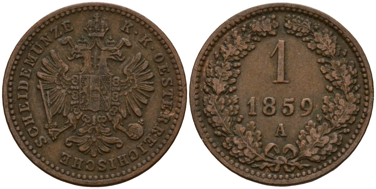 Австрия 1 крейцер 1859 A, Франц Иосиф I (1848-1916) KM 2186 медь 4154-832