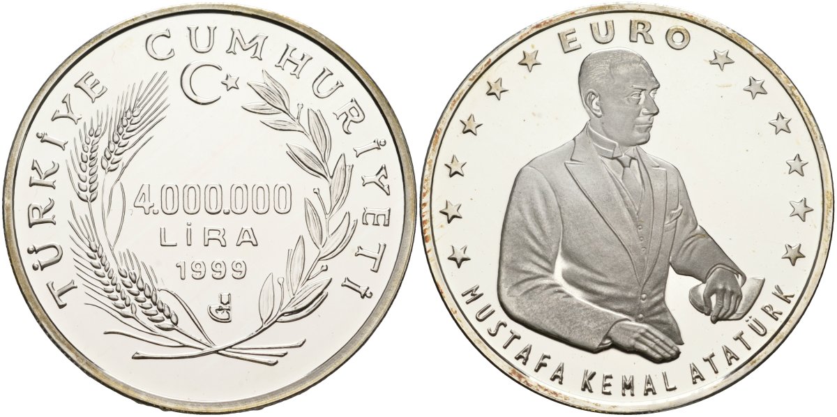Турция 4000000 лир 1999 Кемаль Ататюрк KM 1108 серебро PROOF 11-083-21