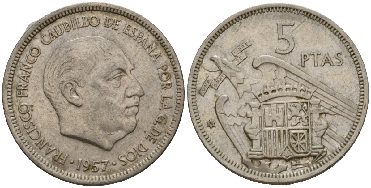 Испания 5 песет 1957 (74) Франсиско Франко (1939-1975) KM 786 медно-никель 186-744