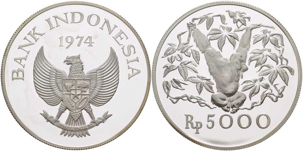 Индонезия 5000 рупий 1974 серия сохраним наш мир, орангутан (человекообразная обезьяна) KM 40а серебро PROOF 11-158-45