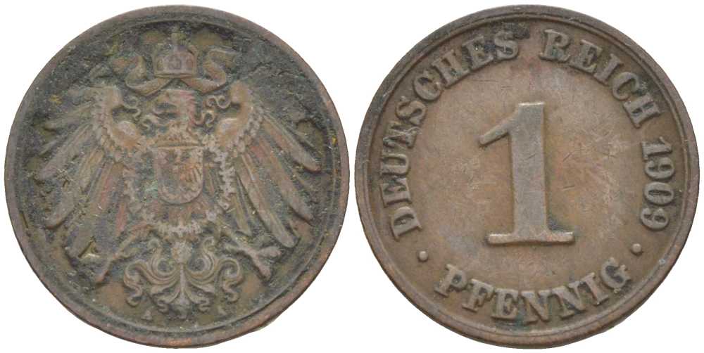 ГЕРМАНИЯ 1 ПФЕННИНГ 1909 А KM 10, J. 10 медь 201-932