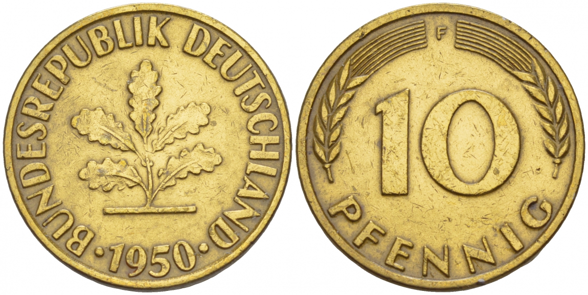 ФРГ 10 ПФЕННИГОВ 1950 F KM 108, J. 383 сталь плакированная латунью 4544-1125