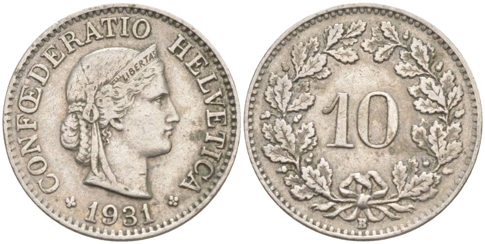 ШВЕЙЦАРИЯ 10 РАППЕНОВ 1931 В KM 27 медно-никель 3309-551