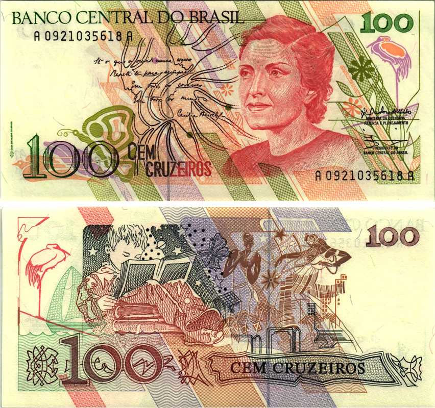 БРАЗИЛИЯ 100 КРУЗЕЙРО 1989 СЕРИЯ 0921, ПОДПИСЬ 26 Pick 220а бумага UNC (ПРЕСС) 7205-40-2-1