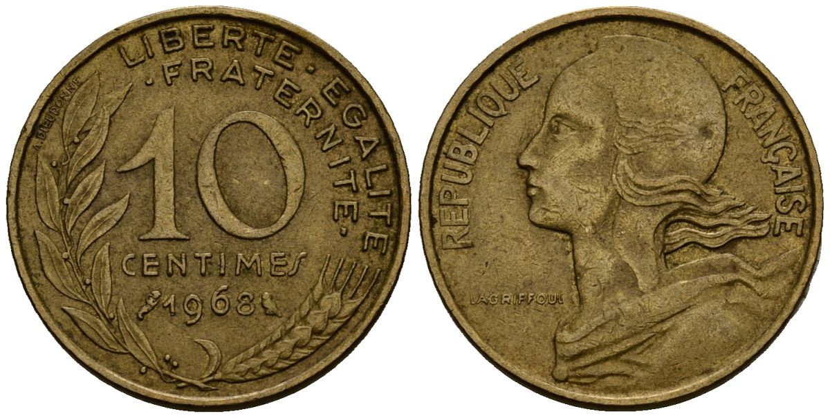 Франция 10 сантимов 1968 KM 929 алюминиевая бронза 4138-337