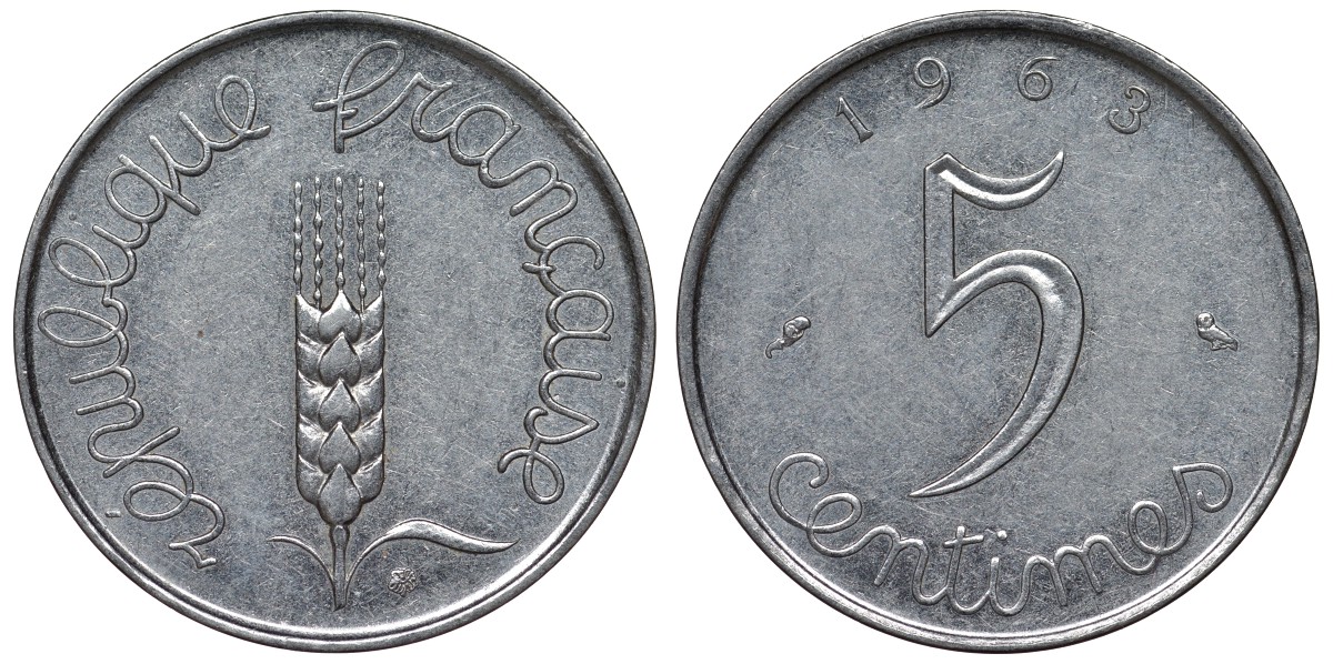 Франция 5 сантимов 1963 KM 927, Le Franc 124.5 хромированная сталь 4128-135