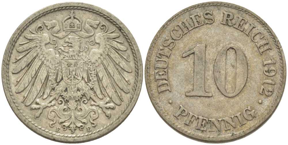 ГЕРМАНИЯ 10 ПФЕННИГОВ 1912 E KM 12, J. 13, Weege 8 медно-никель 212-217