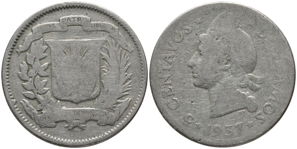 Доминиканская республика 5 сентаво 1937 индеец KM 18 медно-никель 4395-344