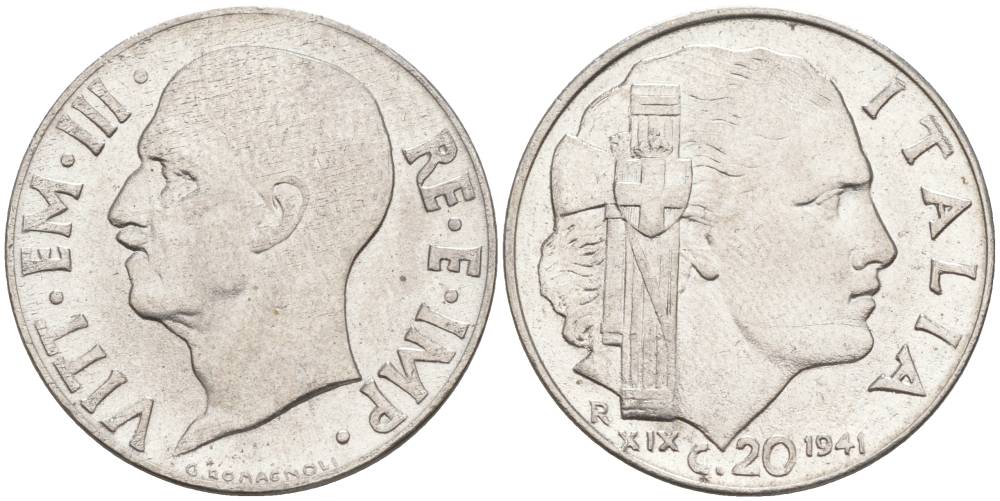 ИТАЛИЯ 20 ЧЕНТЕЗИМО 1941 R, ГОД XIX, ВИКТОР ЭММАНУИЛ III (1900-1946) KM 75b, VEM3. 1028 нержавеющая сталь 3853-714