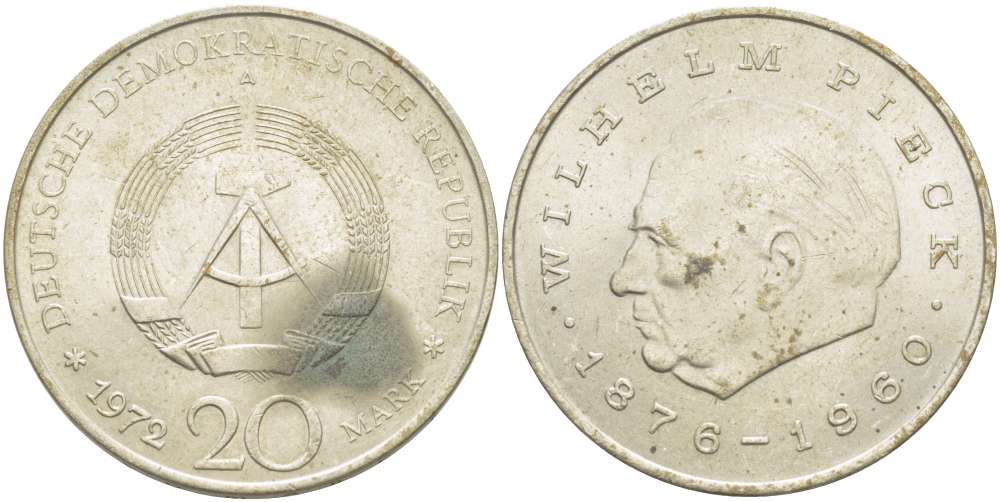 ГДР 20 марок 1972 А, Вильгельм Пик (1876-1960) KM 42 медно-никель 4521-443