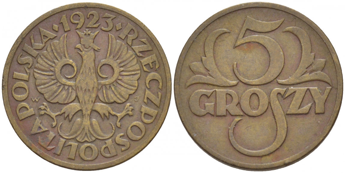 ПОЛЬША 5 ГРОШЕЙ 1923 KM 10 латунь 4549-154