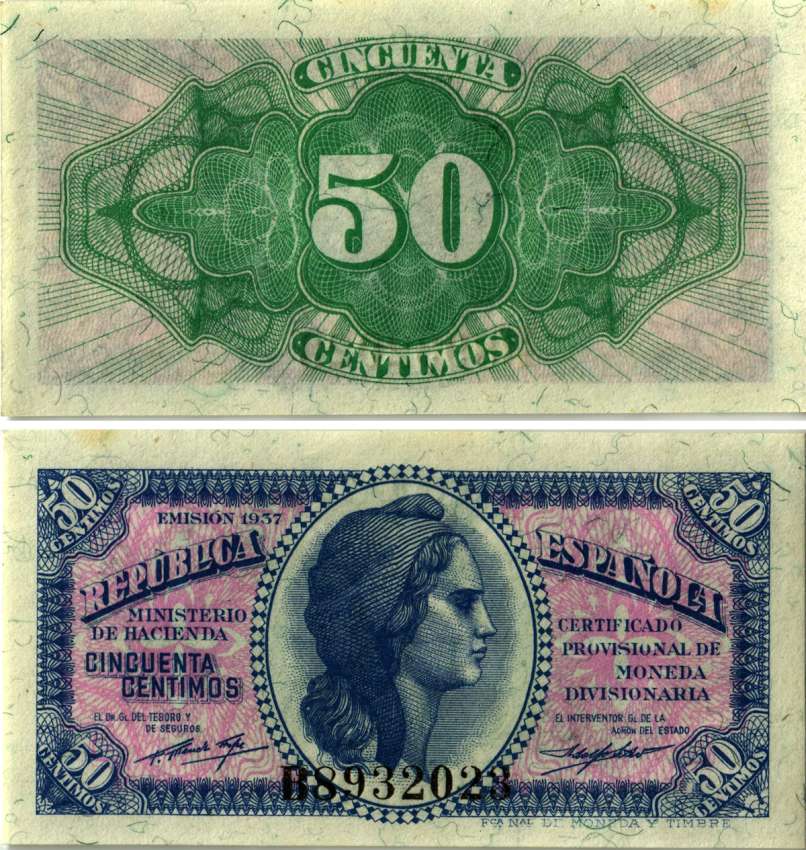 Испания 50 сентимо 1937 Pick 93 бумага UNC (пресс) 6293-11-1-1