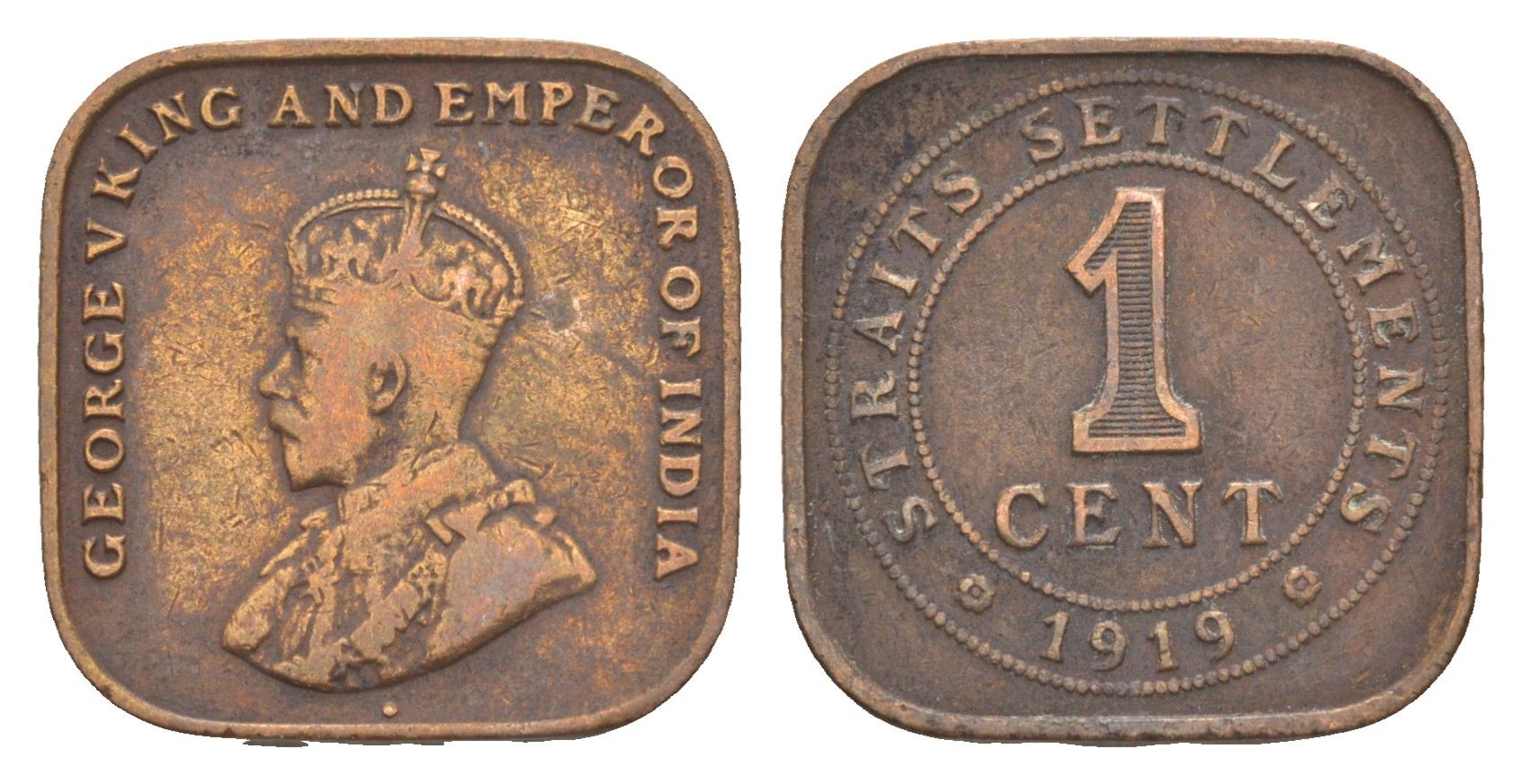 Стрейтс Сетлментс 1 цент 1919 Георг V (1910-1936) KM 32 бронза 4643-831