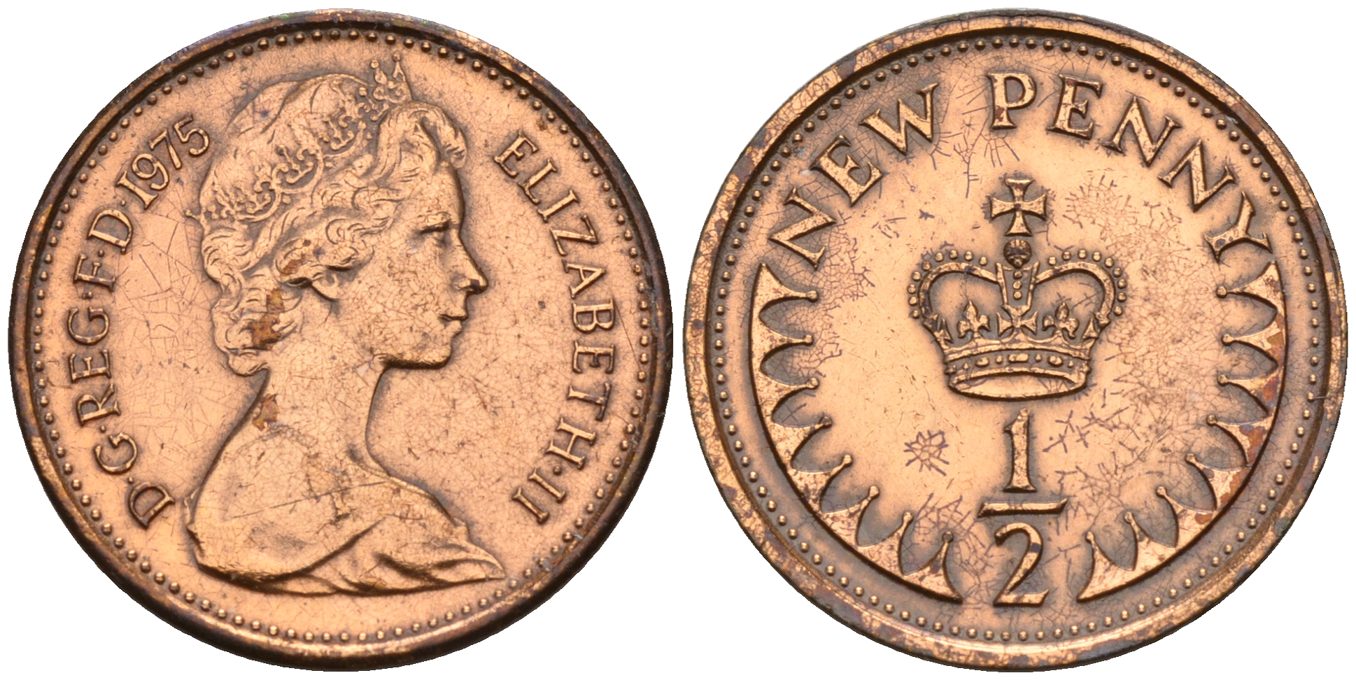 Великобритания 1/2 пенни 1975 Елизавета II (1952-2022) KM 914, Spink 4239 бронза    4152-1147