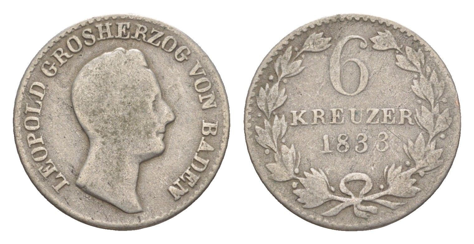 Баден 6 крейцеров 1833 Леопольд (1830-1852) KM 198 серебро 4604-1033