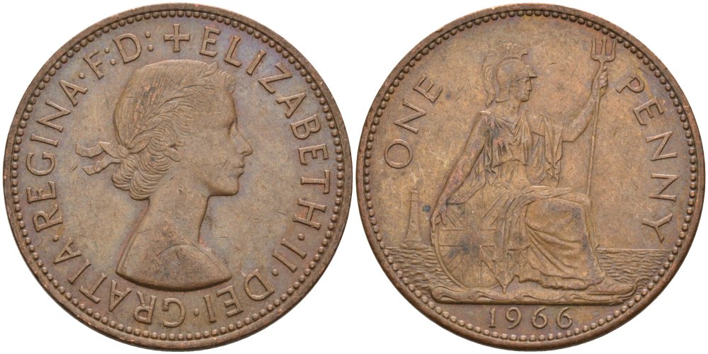 Великобритания 1 пенни 1966 Елизавета II (1952-2022) KM 897, Spink 4157 бронза 4574-311