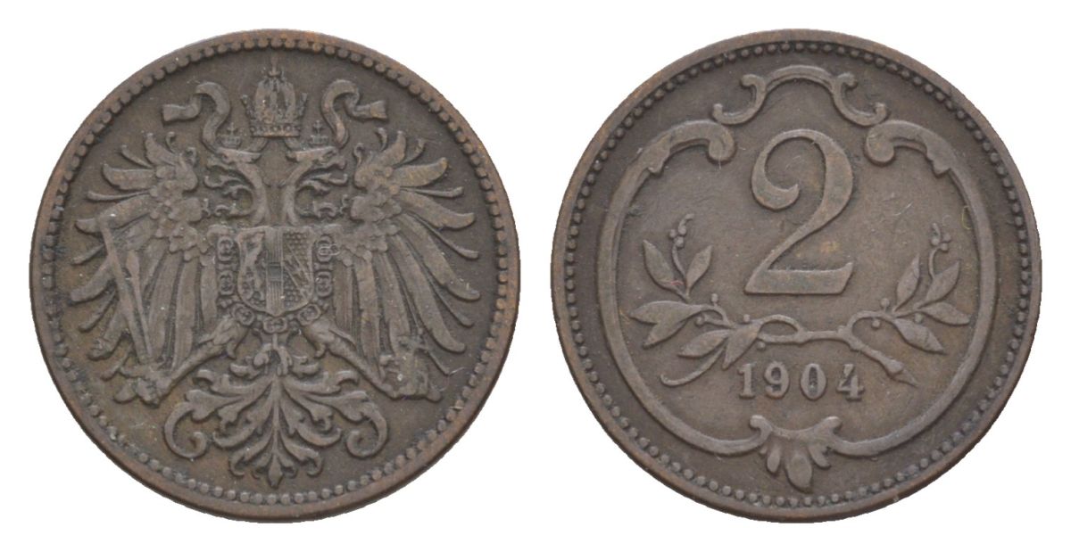 Австрия 2 геллера 1904 Франц Иосиф I (1848-1916) KM 2801 бронза 4632-633