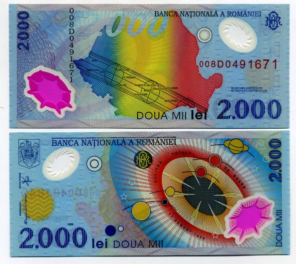 Румыния 2000 лей 1999 миллениум, солнечная система, солнечное затмение над Румынией Pick 111a пластик UNC (пресс) 450-67-3