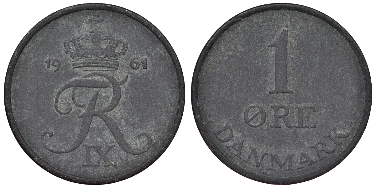 Дания 1 эре 1961 С; S, Фредерик IX (1947-1972) KM 839.2 цинк 71-219