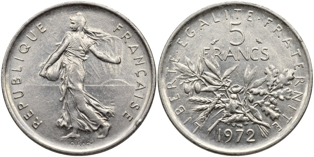 Франция 5 франков 1972 сеятель KM 926а.1, Le Franc 341.4 никель плакированный медно-никелем 4116-1136