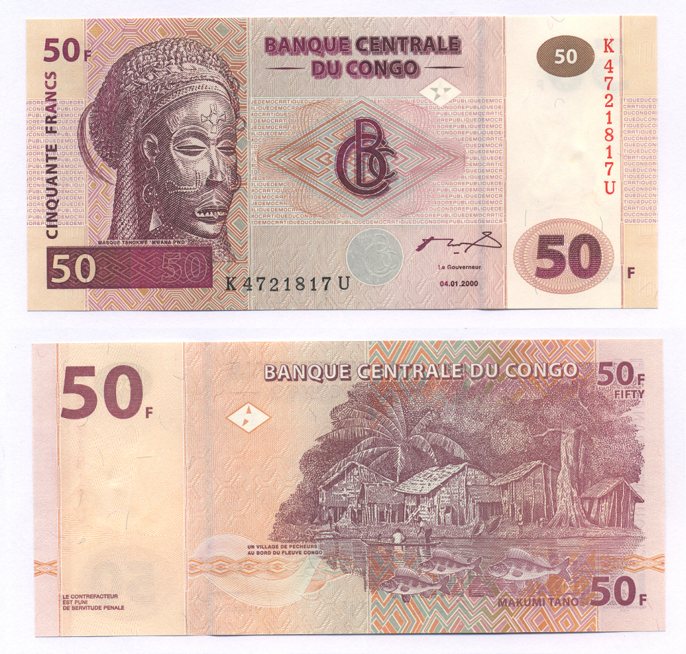 ДР Конго 50 франков 2000 маска, рыбаки, серия K-U Pick 91 бумага UNC (пресс) 7220-68-2