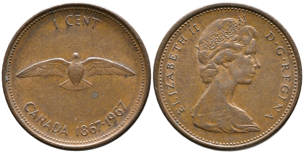 КАНАДА 1 ЦЕНТ 1967 100 ЛЕТ КОНФЕДЕРАЦИИ, ЕЛИЗАВЕТА II (1952-), ВТОРОЙ ПОРТРЕТ В КОРОНЕ (1867-1967) KM 65 бронза 4528-761