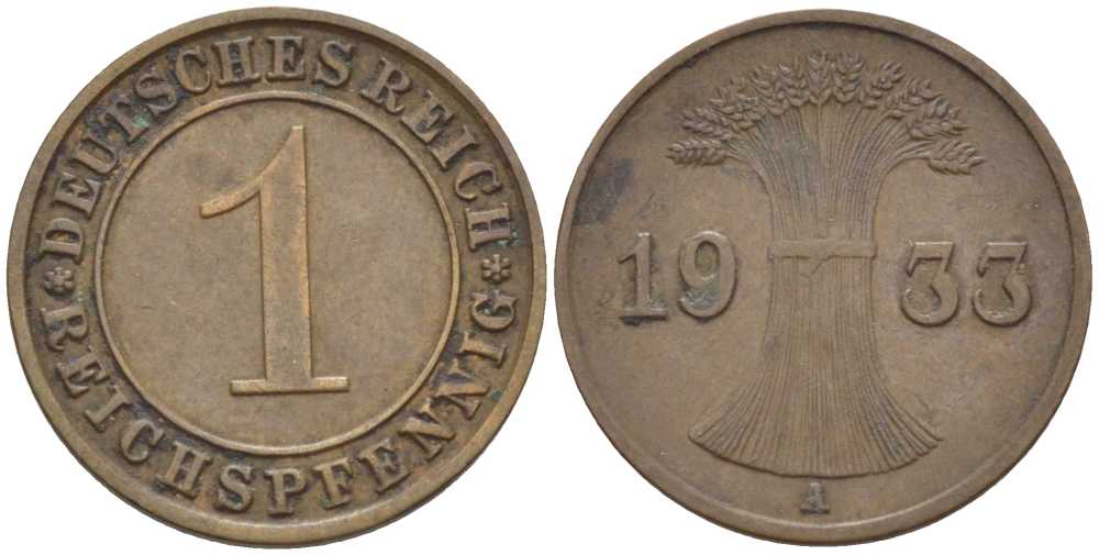 ГЕРМАНИЯ 1 РЕЙХСПФЕННИГ 1933 A KM 37, J. 313, Weege 2 бронза 211-124