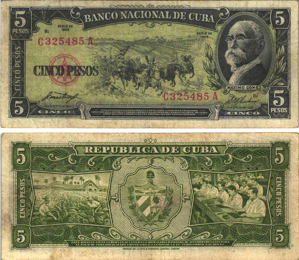 КУБА 5 ПЕСО 1958 МАКСИМО ГОМЕС, ВСАДНИКИ, ТАБАЧНЫЕ ПЛАНТАЦИИ, СИГАРНАЯ ФАБРИКА Pick 91а бумага 7191-25-2-1