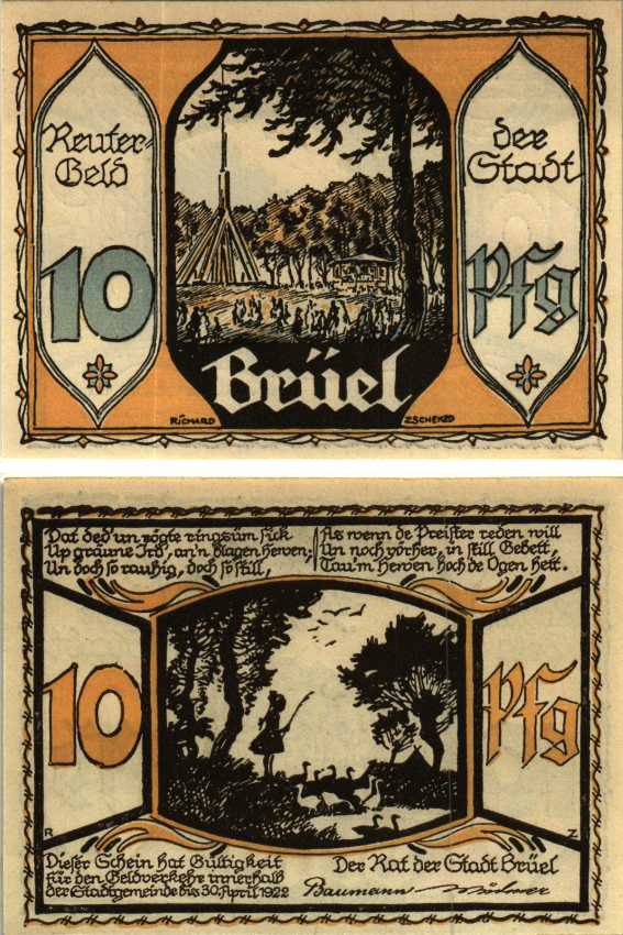 БРЮЭЛЬ 10 ПФЕННИГОВ 1922 НОТГЕЛЬД, 30 АПРЕЛЯ 1922, ЗЕМЛЯ МЕКЛЕНБУРГ-ПЕРЕДНЯЯ ПОМЕРАНИЯ Grabowski 191.1 бумага 6318-45-3-1