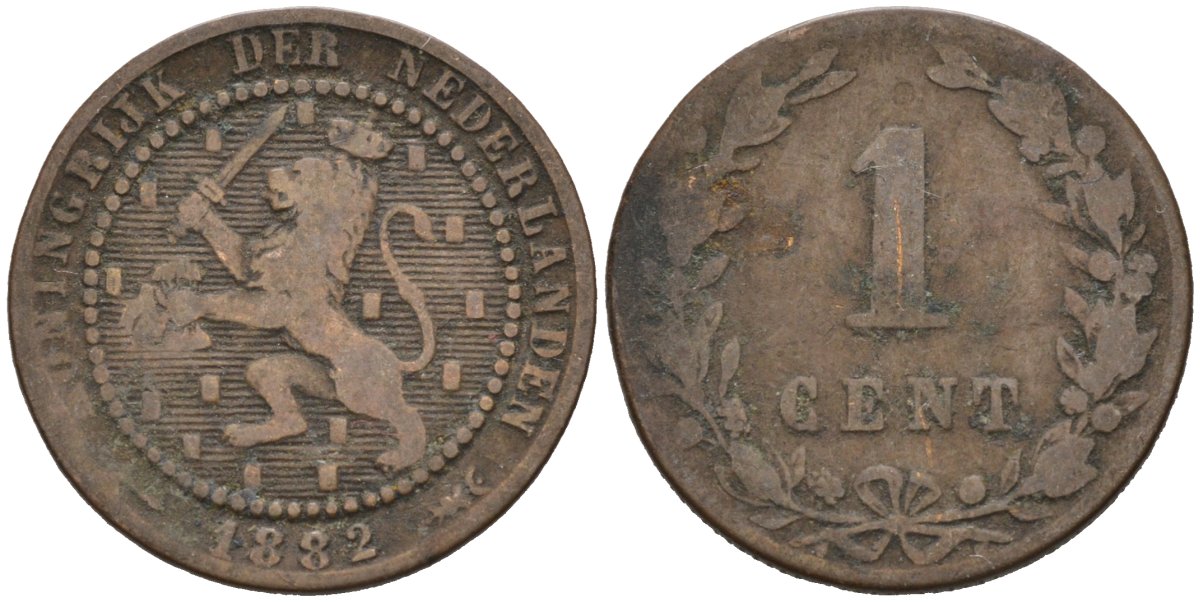 Нидерланды 1 цент 1882 Виллем III (1849-1890) KM 107 бронза 4576-564