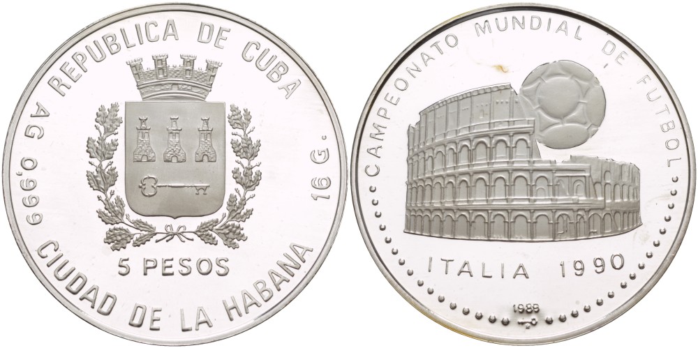 Куба 5 песо 1989 чемпионат мира по футболу в Италии 1990 года, Колизей KM 226.1 серебро PROOF 1071-1-51