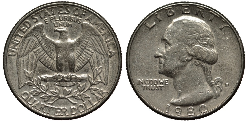 США 25 центов (квотер) 1980 Вашингтон KM А164а медь плакированная медно-никелем 186-841