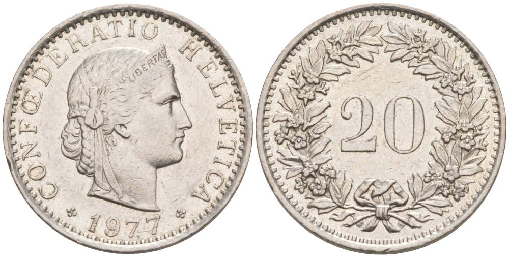 ШВЕЙЦАРИЯ 20 РАППЕНОВ 1977 KM 29a медно-никель 55-954
