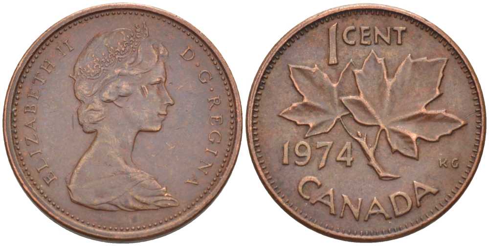 Канада 1 цент 1974 Елизавета II (1952-2022), кленовый лист KM 59.1 бронза 105-1168