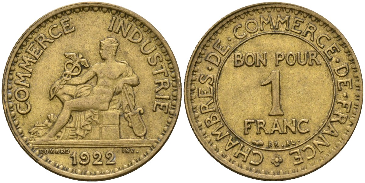 Франция 1 франк 1922 тип Chambres de Commerce KM 876, Le Franc 218.14 алюминиевая бронза 53-335