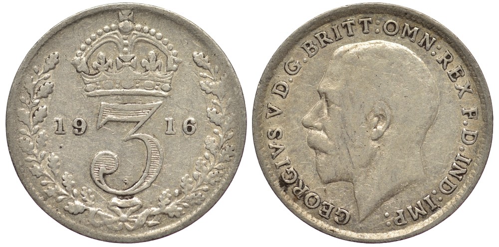 Великобритания 3 пенса 1916 Георг V (1910-1936) KM 813, Spink 4015 серебро 4528-446