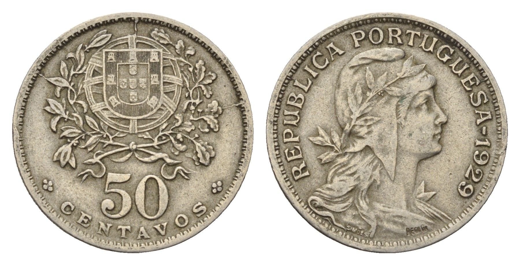 Португалия 50 сентаво 1929 KM 577 никель латунь 4121-151