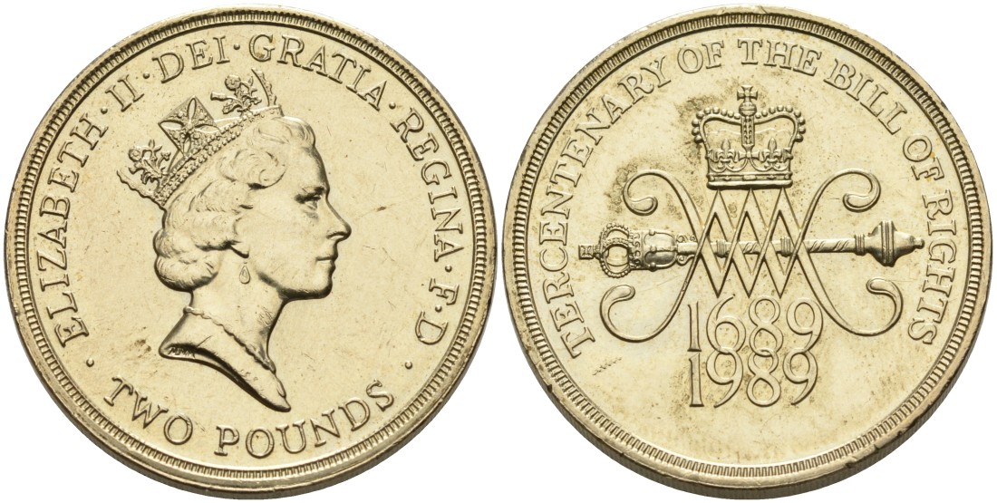 Великобритания 2 фунта 1989 Елизавета II (1952-2022), 300 лет "Биллю о правах" Англии KM 960, Spink 4312 (K2) никель латунь 88-344