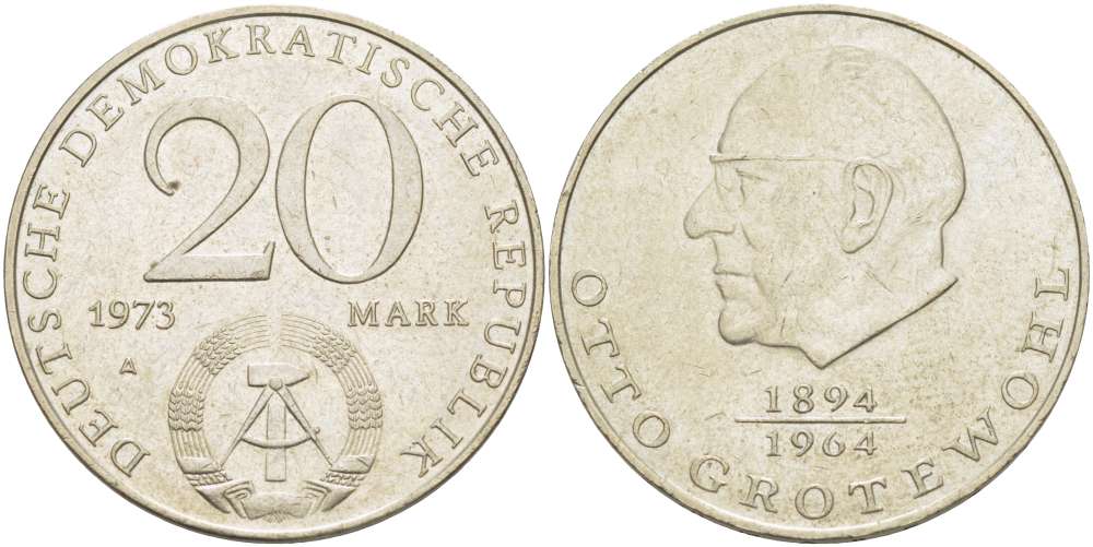 ГДР 20 марок 1973 А, Отто Гротеволь (1894-1964) KM 47 медно-никель 4521-533