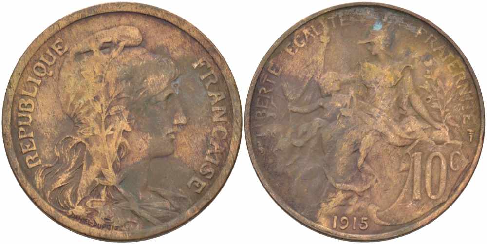 ФРАНЦИЯ 10 САНТИМОВ 1915 ТИП ДАНИЭЛЬ ДЮПЮИ KM 843, LA FRANC 136.25 бронза 109-345