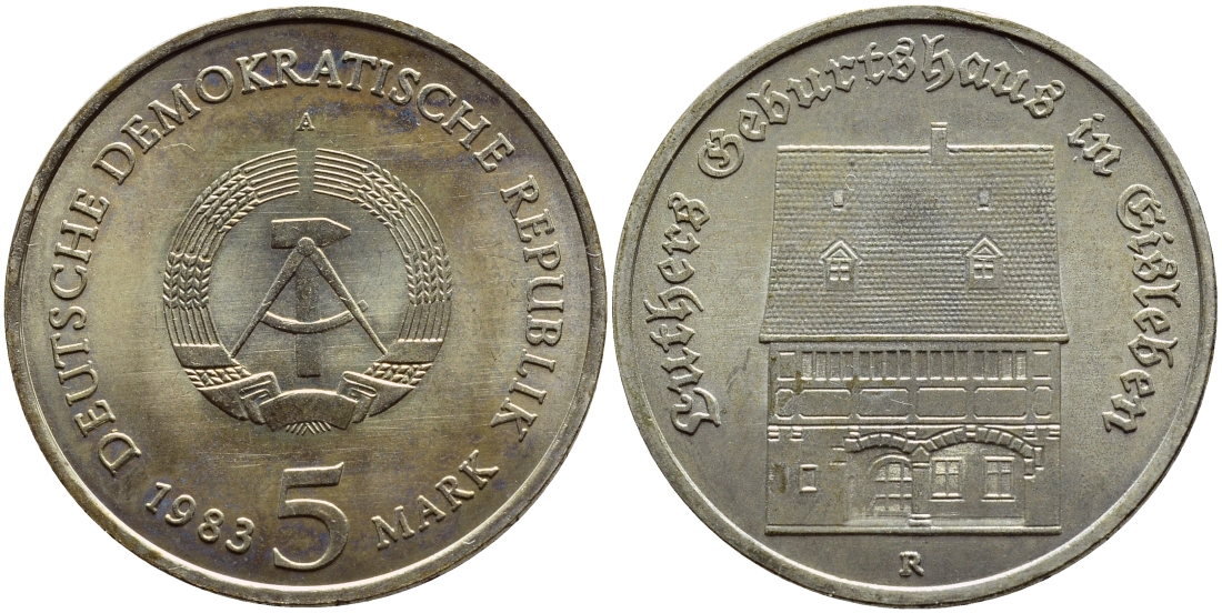 ГДР 5 марок 1983 А, Мартин Лютер, дом рождения в Айслебене KM 90, J. 1590 медно-никель aUNC 3897-1114