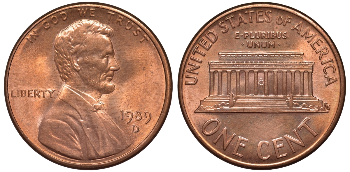 США 1 цент 1989 D, Линкольн KM 201b цинк плакированный медью 4547-1032
