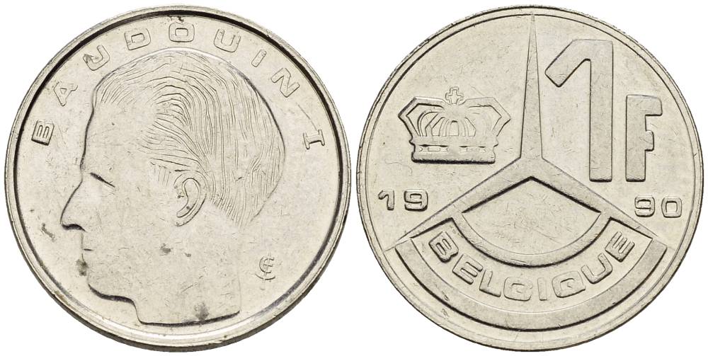 БЕЛЬГИЯ 1 ФРАНК 1990 BELGIQUE KM 170 сталь плакированная никелем 4528-1039