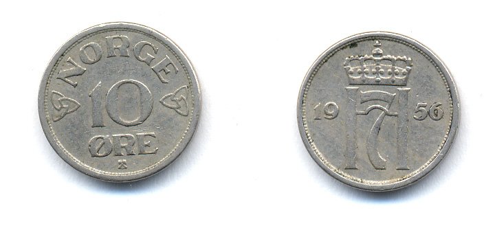 НОРВЕГИЯ 10 ЭРЕ 1956 ХОКОН VII KM 396 медно-никель 51-5214