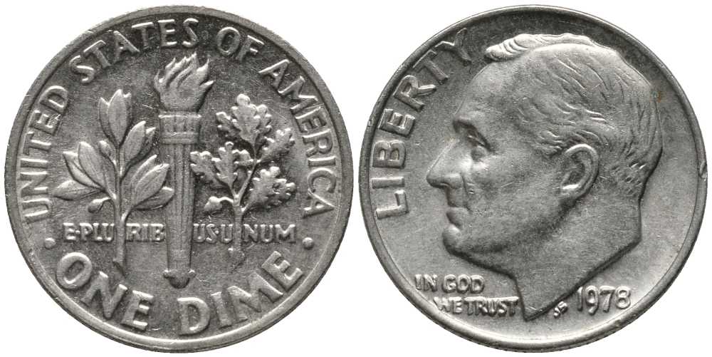 США 10 центов (дайм) 1978 Рузвельт KM 195а медь плакированная медно-никелем  112-651