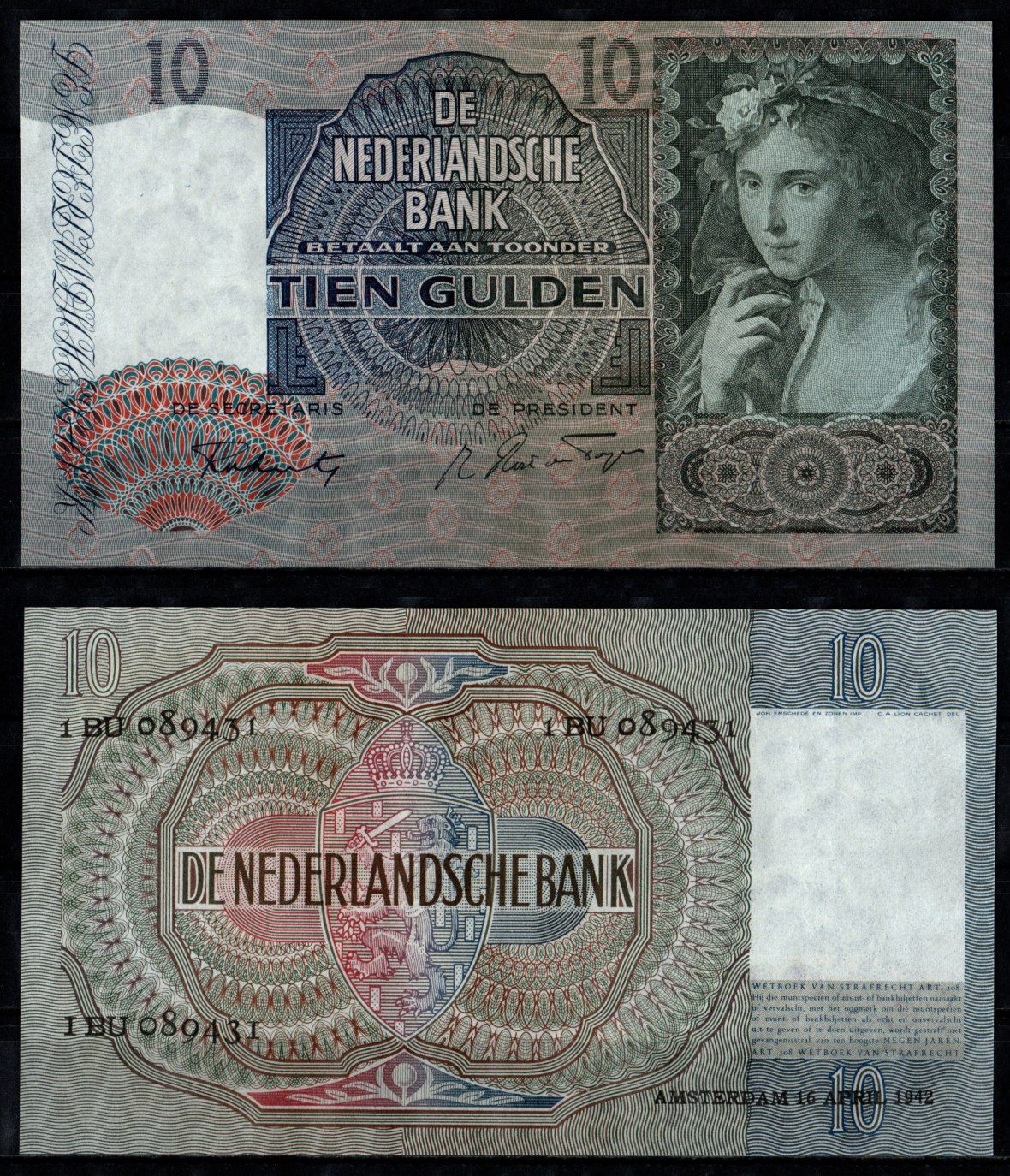 Нидерланды 10 гульденов 1942 "Прекрасная пастушка" (Паулюс Морельс) Pick 56 b бумага 451-473-1