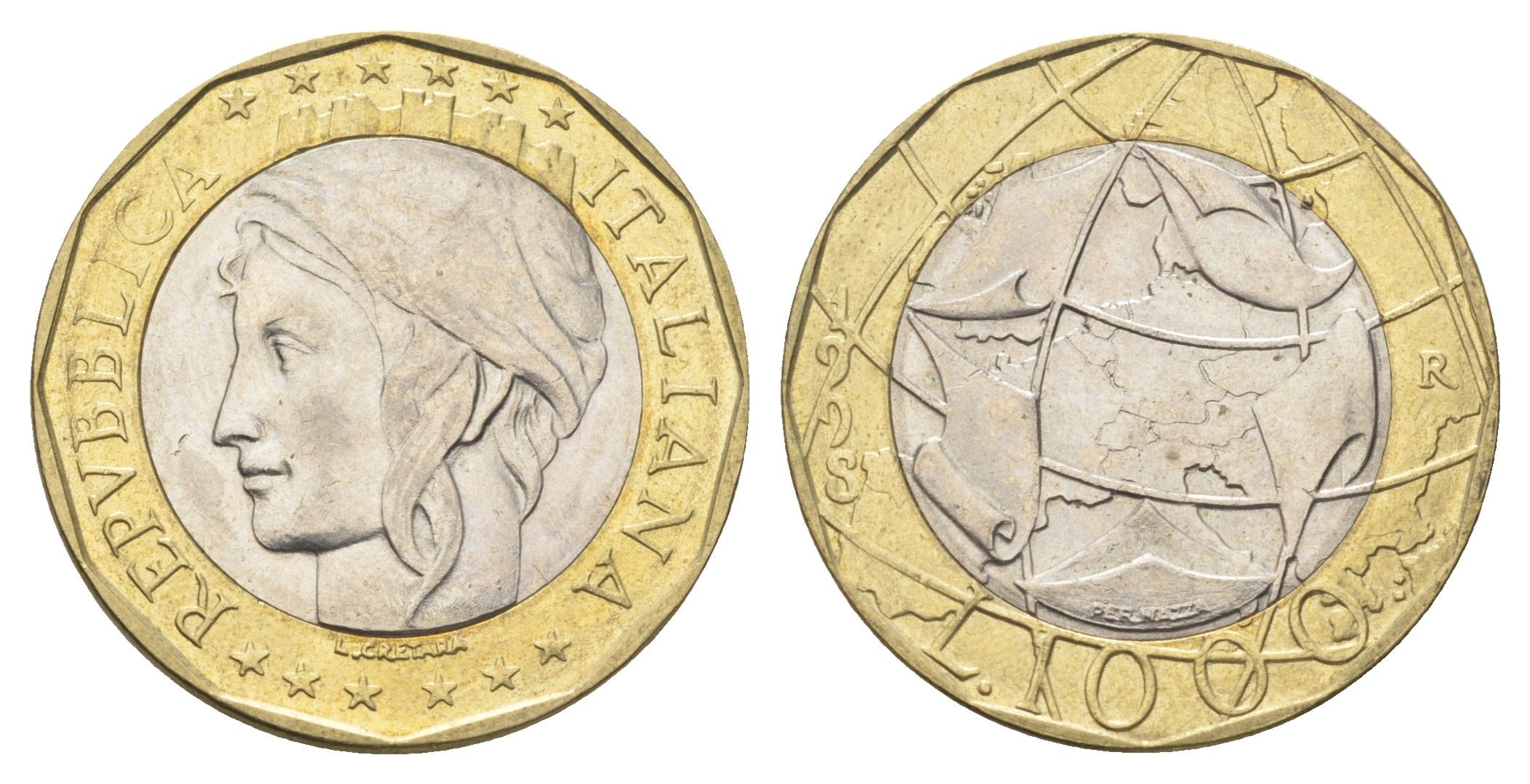 Италия 1000 лир 1998 R, карта европы KM 194 биметалл 4704-1025